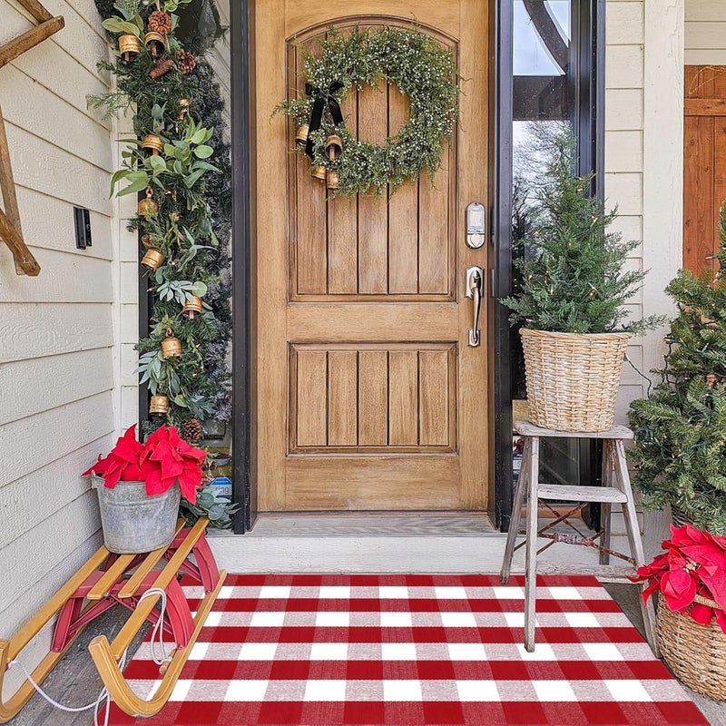 Fallovea Christmas Rugs Red and White Plaid, 4'x6' Area Rug Outdoor Indoor Front Porch Doormat Cotton Hand-Woven Layered Door Mats for Entryway Patio Entryway Laundry Bedroom Living Room - Image 3